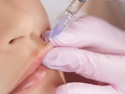 close up photo of woman getting juvederm injections in her lips